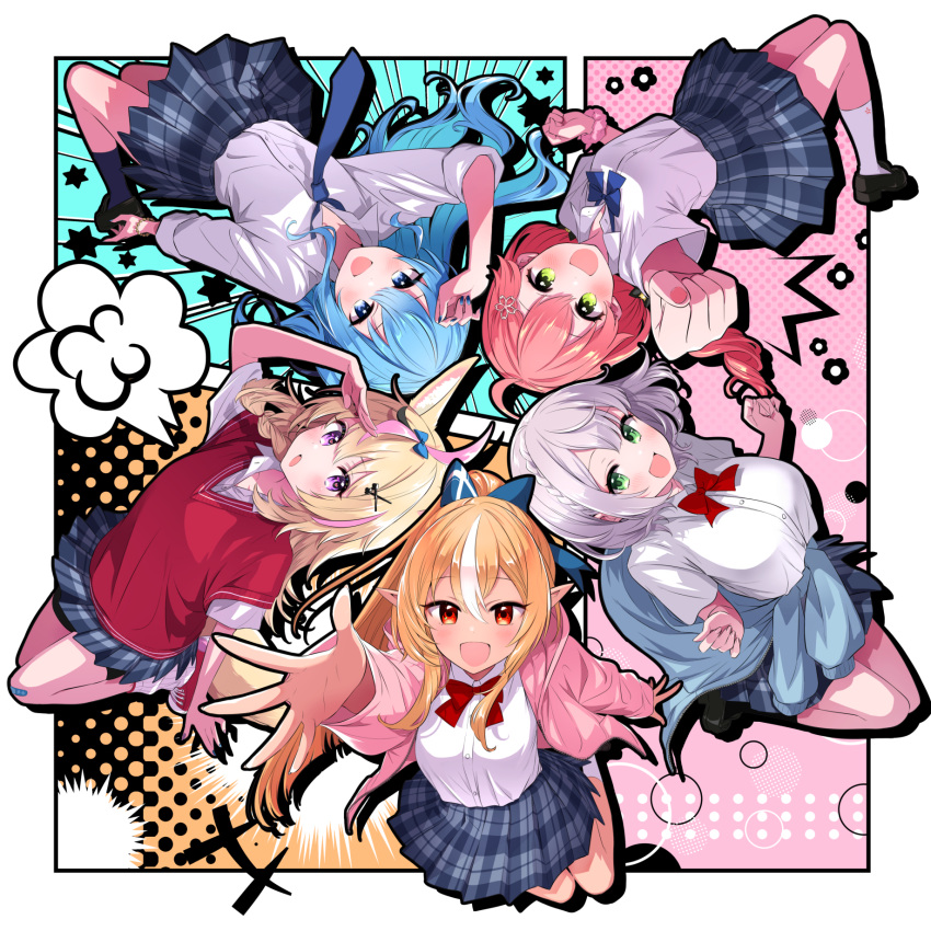 5girls ahoge animal_ears blonde_hair blue_eyes blue_hair bow bowtie braid breasts clothes_around_waist fox_ears green_eyes grey_hair highres hololive hoshimachi_suisei large_breasts long_hair multiple_girls necktie omaru_polka pink_hair plaid plaid_skirt pointy_ears ponytail purple_eyes red_eyes sakura_miko shiranui_flare shiranui_kensetsu shirogane_noel shirt skirt tsumumi_(kandume103) virtual_youtuber white_shirt