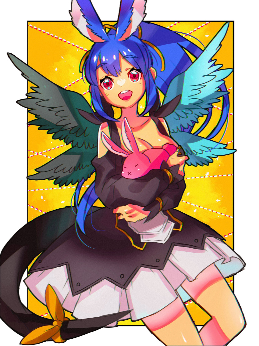 1girl absurdres angel_wings animal_ears aqua_wings asymmetrical_wings black_dress blue_hair bow breasts dark_blue_hair detached_sleeves dizzy_(guilty_gear) dress feathered_wings green_wings guilty_gear_vastedge_xt hair_bow hair_ribbon high_ponytail highres large_breasts long_hair long_sleeves looking_at_viewer official_alternate_costume open_mouth rabbit rabbit_ears red_eyes ribbon tail tail_ornament tail_ribbon wings yellow_bow yellow_ribbon yohane_shimizu