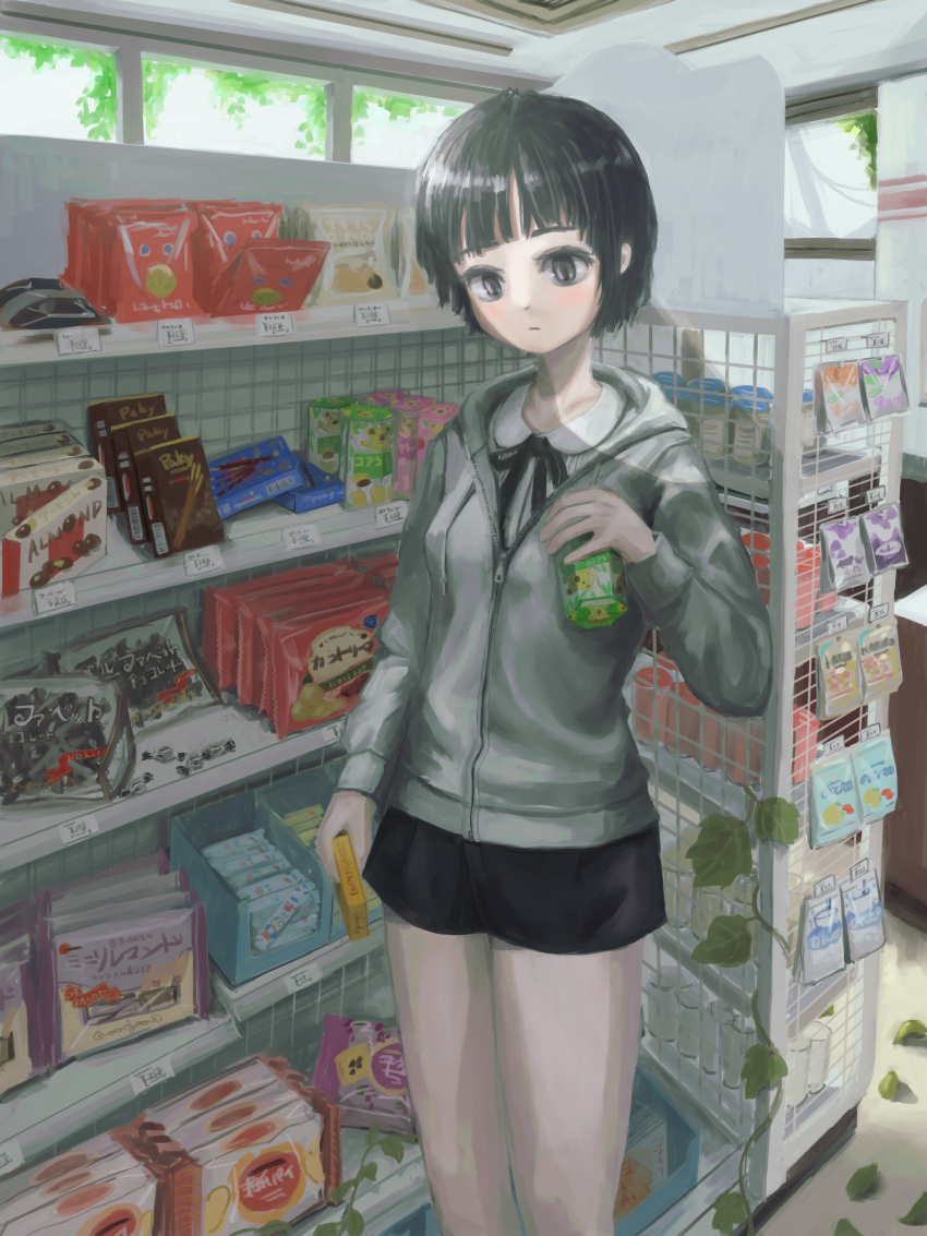 1girl absurdres black_eyes black_hair black_shorts bob_cut candy convenience_store food grey_hoodie highres holding holding_candy holding_food hood hoodie jewelry necklace okura_lino original scenery shirt shop short_hair shorts solo white_shirt window