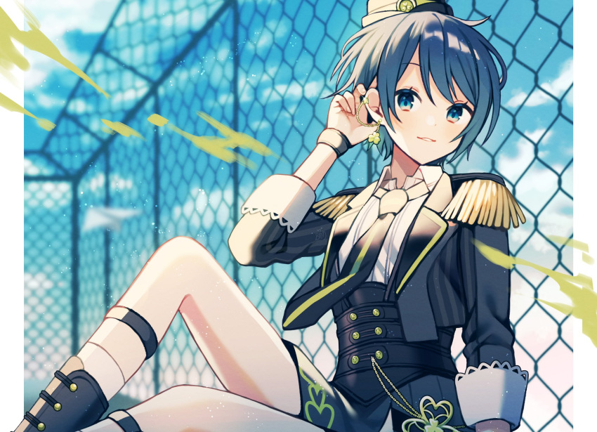 1girl black_necktie blue_eyes blue_hair boots bracelet clover clover_earrings commentary earrings edward-el epaulettes highres if_(vocaloid) jewelry kiritani_haruka long_sleeves looking_at_viewer necktie official_alternate_costume official_alternate_hairstyle parted_lips project_sekai short_hair smile solo tsunagu_painful_hope_(project_sekai)