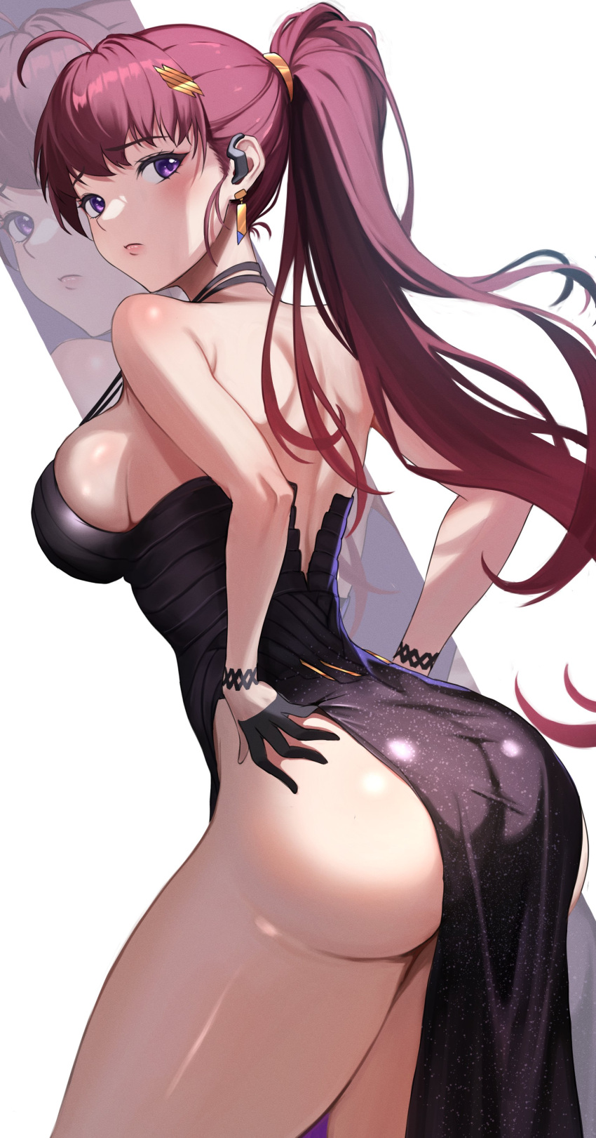 1girl absurdres ahoge ass bare_shoulders bent_over black_dress black_footwear black_gloves blush breasts cleavage cocktail_dress collarbone criss-cross_halter cup dolla_(dark_rose)_(nikke) dolla_(nikke) dress drinking_glass earpiece embarrassed from_behind gloves goddess_of_victory:_nikke hair_ornament hairclip half_gloves halterneck high_heels highres horai_sennkyo large_breasts leaning leaning_forward legs long_hair looking_at_viewer looking_back multi-strapped_dress multiple_views no_bra no_panties official_alternate_costume pelvic_curtain ponytail purple_eyes purple_hair shoes side_slit sideboob sleeveless sleeveless_dress solo spaghetti_strap standing thick_thighs thighs very_long_hair