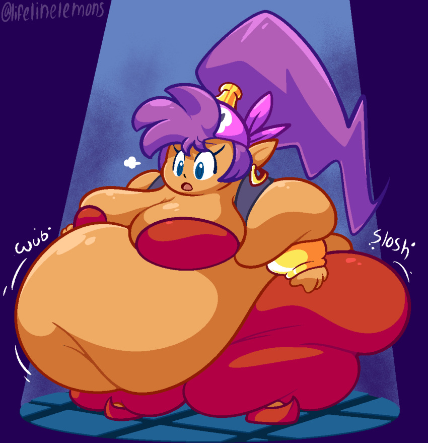 bandanna belly belly_jiggle belly_overhang big_belly big_breasts big_butt blubber blue_eyes bottomwear bra breasts butt chubby_face clothed clothing fat_arms fat_legs fat_rolls female flabby_arms flabby_legs footwear genie gold_ear_piercing gold_gauntlets hair hi_res humanoid humanoid_pointy_ears jiggling jiggling_butt jiggling_thighs kerchief lifelinelemons mammal not_furry obese obese_female overweight overweight_female pants ponytail_(hair) purple_hair red_bottomwear red_bra red_clothing red_footwear red_pants red_shoes red_underwear shantae shantae_(series) shoes signature sloshing_belly sloshing_butt sloshing_fat solo spotlight stout tan_body tan_skin thick_thighs topwear underwear vest wayforward wide_hips