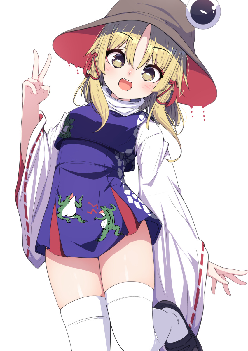 1girl :d absurdres animal_print black_footwear blonde_hair blush breasts bright_pupils brown_headwear commentary cowboy_shot darumoon frog_print hair_ribbon hat head_tilt high-waist_skirt highres horizontal_pupils leaning_to_the_side leg_up light_blush long_sleeves looking_at_viewer mary_janes medium_hair miniskirt moriya_suwako multicolored_clothes multicolored_headwear multicolored_sleeves open_mouth parted_bangs purple_skirt purple_vest red_headwear red_ribbon red_sleeves ribbon ribbon-trimmed_sleeves ribbon_trim shirt shoes simple_background skirt skirt_set small_breasts smile solo teeth thighhighs touhou turtleneck two-sided_fabric upper_teeth_only v vest white_background white_pupils white_shirt white_thighhighs wide_sleeves yellow_eyes