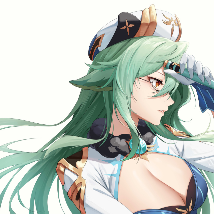 1girl absurdres ahoge alternate_breast_size alternate_hair_length alternate_hairstyle animal_ears bangs blue_hair breasts closed_mouth coattails crossed_bangs fur_collar gem genshin_impact glasses gloves gold_trim green_hair hair_between_eyes hand_up hat highres holding kafeifeifeifeifeifei_jiemo_jun large_breasts long_hair long_sleeves looking_to_the_side medium_breasts parted_lips pointy_nose shrug_(clothing) simple_background solo sucrose_(genshin_impact) test_tube upper_body white_background white_gloves wide_sleeves yellow_eyes