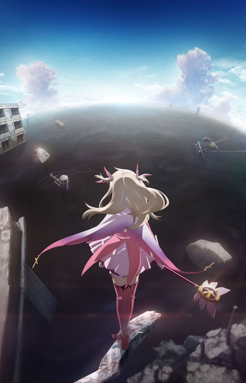 1girl absurdres blue_sky boots cloud commentary_request day dress elbow_gloves fate/kaleid_liner_prisma_illya fate_(series) feather_hair_ornament feathers from_behind full_body gloves grey_hair hair_ornament highres holding holding_wand illyasviel_von_einzbern kaleidostick key_visual long_hair magical_girl official_art outdoors pink_dress pink_footwear pink_gloves prisma_illya promotional_art ruins sky solo standing thigh_boots wand water zettai_ryouiki