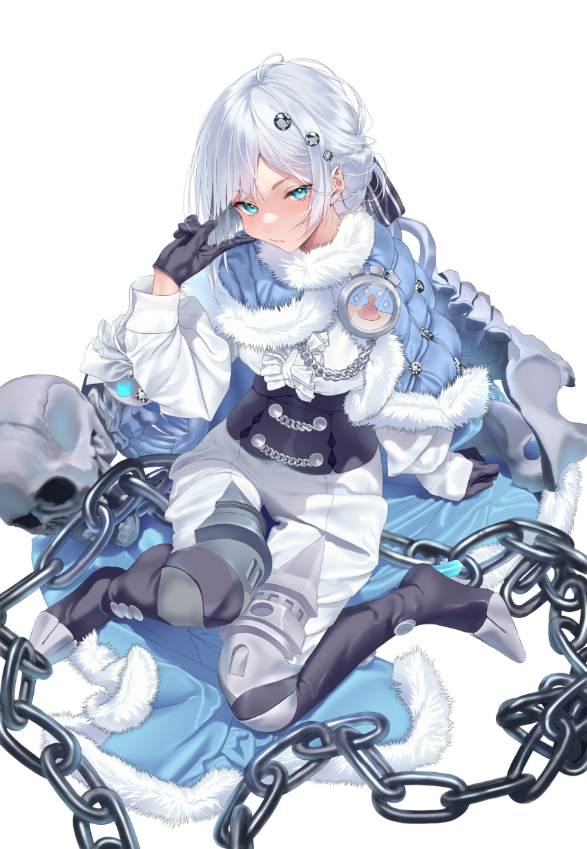 1girl akershus_fortress_(oshiro_project) black_footwear black_gloves blue_cape blue_cloak blue_eyes cape center_frills chain cloak closed_mouth commission corset doatobira fluff frills fur-trimmed_cape fur-trimmed_cloak fur_trim gloves grey_hair hair_ornament highres looking_at_viewer oshiro_project oshiro_project_re padded_cloak pants shirt skeb_commission skull white_background white_pants white_shirt
