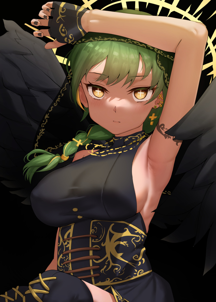 1girl absurdres armpits black_gloves black_wings braid breasts closed_mouth commentary_request cross cross-shaped_pupils cross_earrings earrings fingerless_gloves gloves halo highres indie_virtual_youtuber jewelry large_breasts looking_at_viewer masamika10086 medium_hair roma_roma single_braid symbol-shaped_pupils virtual_youtuber wings yellow_eyes yellow_halo