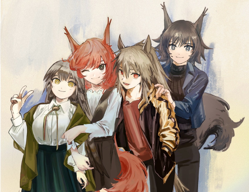 4girls ;) alternate_costume animal_ears arknights ashlock_(arknights) black_dress black_pants black_shirt blue_jacket bright_pupils brown_eyes brown_hair collared_shirt dress fartooth_(arknights) flametail_(arknights) green_shawl green_shirt grey_eyes hand_on_another's_shoulder hands_in_pockets hawai-tari high-waist_skirt highres jacket lapels long_hair looking_at_viewer multiple_girls one_eye_closed open_clothes open_jacket orange_eyes orange_shirt oripathy_lesion_(arknights) pants pinafore_dress red_hair ribbed_shirt shirt shirt_tucked_in short_hair simple_background skirt sleeveless sleeveless_dress smile squirrel_ears squirrel_girl squirrel_tail tail v white_pupils white_shirt wild_mane_(arknights) yellow_eyes