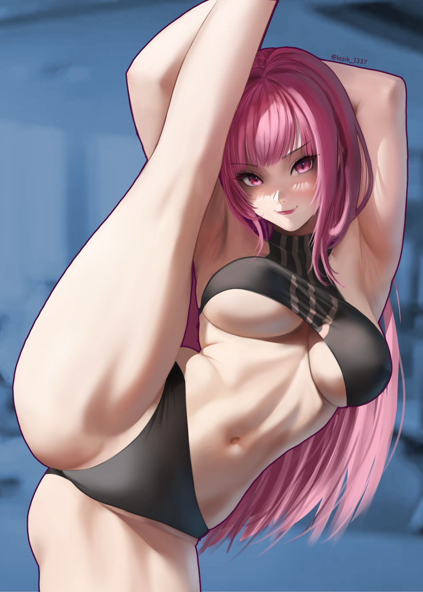 1girl absurdres armpits arms_up artist_name bare_arms bare_legs black_panties black_sports_bra blunt_bangs blurry blurry_background breasts closed_mouth commentary eyelashes gym highres hololive hololive_english large_breasts lazik_1337 leg_up legs lips long_hair looking_at_viewer midriff mori_calliope navel nose panties pink_eyes pink_hair pink_lips smile solo sports_bra standing standing_on_one_leg stomach thighs twitter_username underboob underwear virtual_youtuber