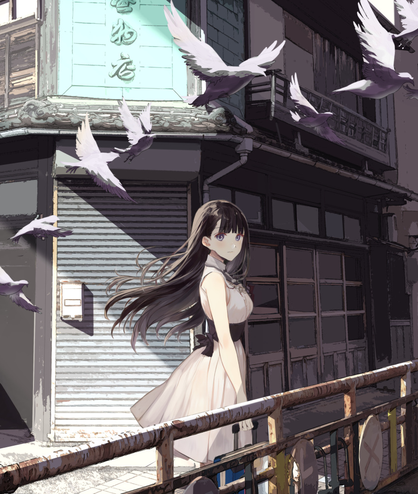 1girl bird black_hair blue_eyes blunt_bangs breasts building chef_no_kimagure_salad closed_mouth day dress from_side highres long_hair looking_at_viewer looking_to_the_side medium_breasts original outdoors railing rolling_suitcase rust sleeveless sleeveless_dress solo suitcase sunlight very_long_hair white_dress
