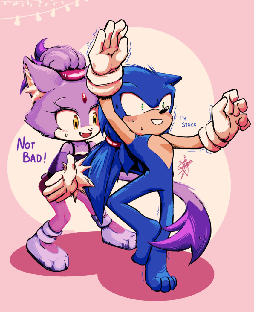 1boy 1girl animal_ears ballet barefoot blaze_the_cat blue_fur cat_ears cat_girl cat_tail cramp eyelashes fang forehead_jewel fur-trimmed_gloves fur_trim furry furry_female furry_male gloves green_eyes highres open_mouth ponytail purple_fur rfts10919 smile sonic_(series) sonic_the_hedgehog sweatdrop tail yellow_eyes