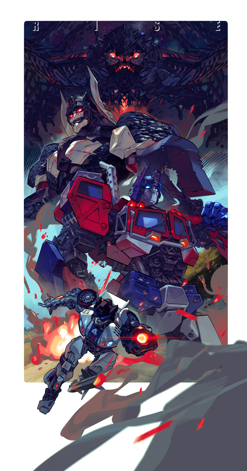 absurdres arm_cannon autobot beast_wars beast_wars:_transformers blue_eyes clenched_hand frown glowing glowing_eyes highres inaki_shinrou jazz_(transformers) looking_down looking_to_the_side looking_up mecha missile optimus_primal optimus_prime orange_eyes red_eyes robot running sword sword_on_back transformers transformers:_rise_of_the_beasts transformers_(live_action) unicron weapon weapon_on_back