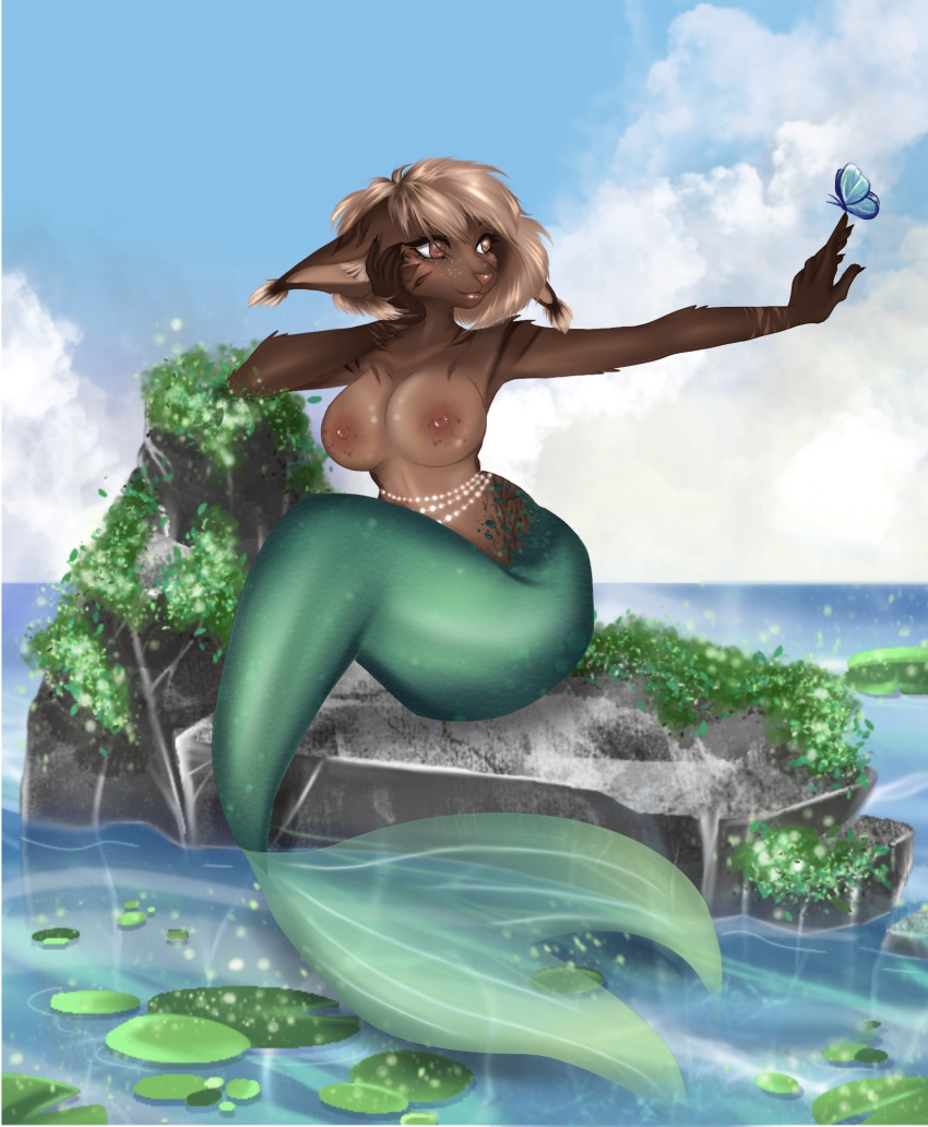 ambient_arthropod ambient_butterfly ambient_insect arthropod big_breasts blonde_hair breasts brown_body brown_fur butterfly female fur gem green_body green_scales hair hi_res holding_butterfly insect lepidopteran lily_pad looking_at_butterfly marine merfolk mermaid_tail pearl_(gem) plant saoirse_(allen_fuller) scales sea sitting_on_rock solo solo_focus split_form ulada water
