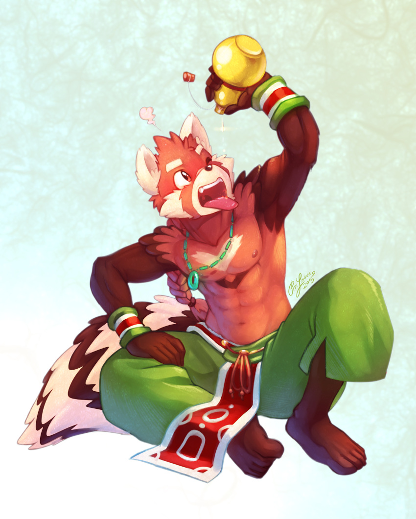 2015 5_fingers 5_toes abs absurd_res accessory ailurid amulet anthro areola artist_name athletic athletic_anthro athletic_male bottomwear braided_hair braided_ponytail chest_markings clothing countershade_arms countershading digital_drawing_(artwork) digital_media_(artwork) eyebrows facial_markings feet fingers flask fluffy fluffy_tail fur green_bottomwear green_clothing green_jewelry green_necklace green_pants hair hair_accessory hair_tie head_markings hi_res jewelry liquid looking_at_object male mammal mao_(chirenbo) markings navel necklace nipples one_eye_closed open_mouth pants pecs pink_areola pink_nipples piti_yindee ponytail red_body red_eyes red_fur red_hair red_panda signature sitting sitting_on_ground solo striped_markings striped_tail stripes tail tail_markings toes tongue tongue_out white_body white_eyebrows white_fur wristband year