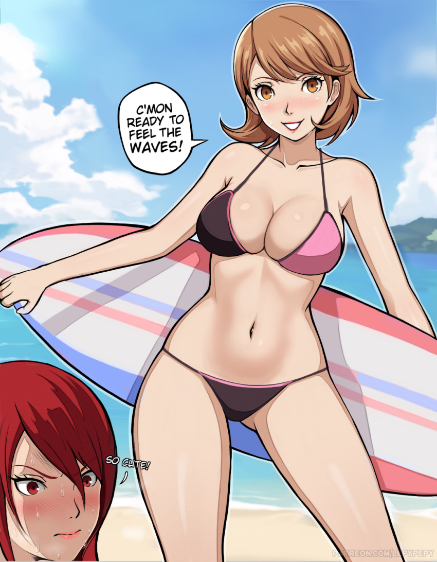 2girls ass_visible_through_thighs beach bikini black_bikini blue_sky blush breasts brown_eyes brown_hair cloud contrapposto english_commentary english_text highres holding holding_surfboard kirijou_mitsuru large_breasts lepypepy long_hair multiple_girls navel nervous_sweating ocean outdoors paid_reward_available parted_lips persona persona_3 pink_bikini red_eyes red_hair short_hair sky smile speech_bubble surfboard sweat swept_bangs swimsuit takeba_yukari two-tone_bikini