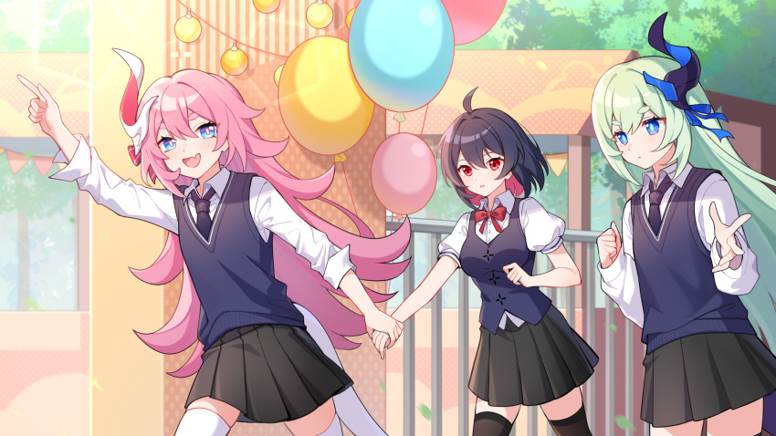 3girls :d ahoge balloon black_hair black_necktie black_skirt black_vest blue_eyes blue_hair blue_vest bow bowtie chinese_commentary closed_mouth collared_shirt gou_lianlian_dogface green_hair hair_between_eyes highres holding holding_balloon holding_hands honkai_(series) honkai_impact_3rd horns liliya_olenyeva long_hair long_sleeves looking_at_viewer multiple_girls necktie open_mouth outdoors pink_hair pleated_skirt pointing polo_shirt red_bow red_eyes red_hair rozaliya_olenyeva school_uniform seele_(alter_ego) seele_vollerei shirt short_hair short_sleeves siblings single_horn sisters skirt smile summer_uniform sweater_vest tail thighhighs tree twins v vest white_shirt