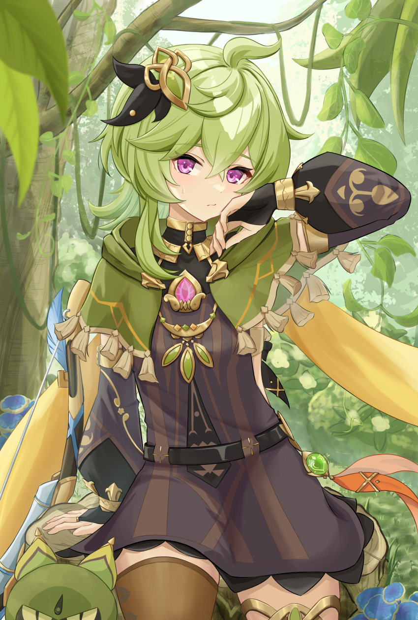 1girl absurdres ahoge arm_support arm_up belt branch bridal_gauntlets brown_dress brown_sleeves brown_thighhighs capelet closed_mouth collei_(genshin_impact) crossed_bangs cuilein-anbar_(genshin_impact) detached_sleeves dress forest genshin_impact green_capelet green_hair hair_ornament highres jewelry long_sleeves looking_at_viewer nature necklace outdoors plant puffy_long_sleeves puffy_sleeves purple_eyes scarf shoulder_cape shuvalun8 sitting sitting_on_tree_stump solo sweatdrop thigh_belt thigh_strap thighhighs tree vines vision_(genshin_impact) yellow_scarf