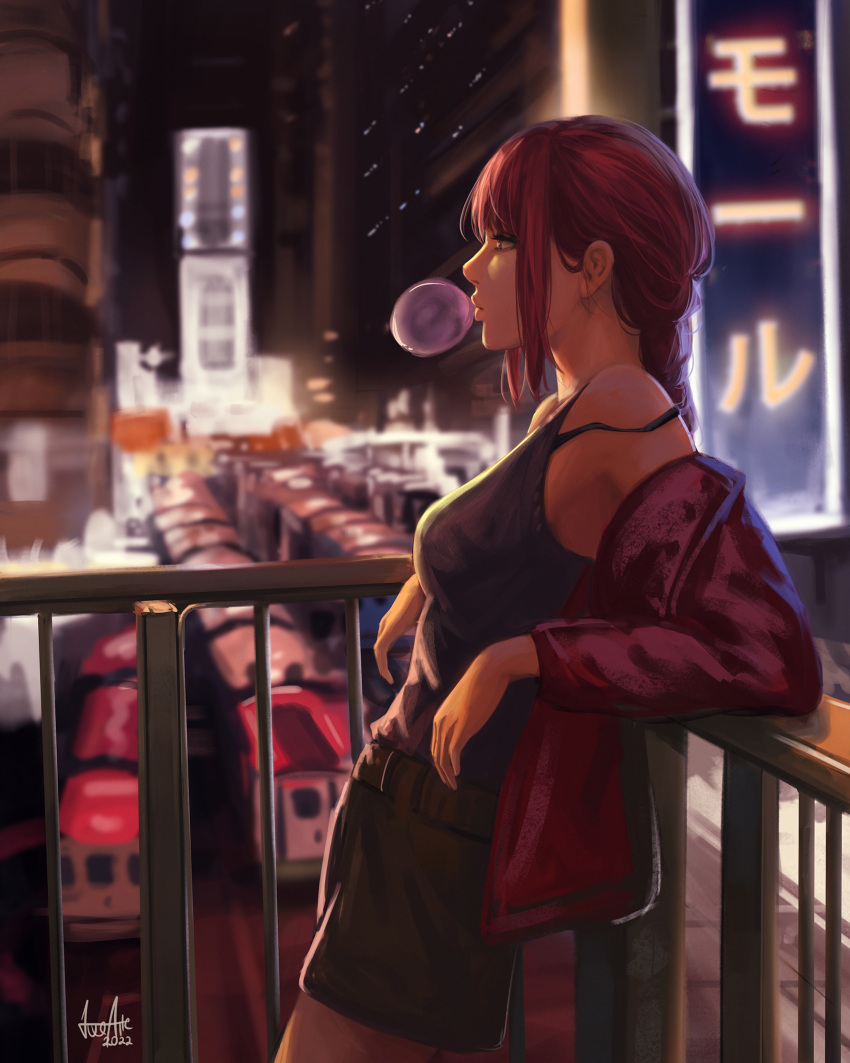 1girl against_railing bare_shoulders black_shorts black_tank_top blurry blurry_background braid braided_ponytail breasts bubble_blowing building chainsaw_man chewing_gum city cowboy_shot from_side ground_vehicle highres jacket japanese_ranguage leaning long_hair long_sleeves luxearte makima_(chainsaw_man) medium_breasts night night_sky off_shoulder open_clothes open_jacket orange_hair outdoors profile railing red_hair red_jacket shorts sidelocks sign signature single_braid sky skyscraper solo standing strap_slip tank_top train yellow_eyes
