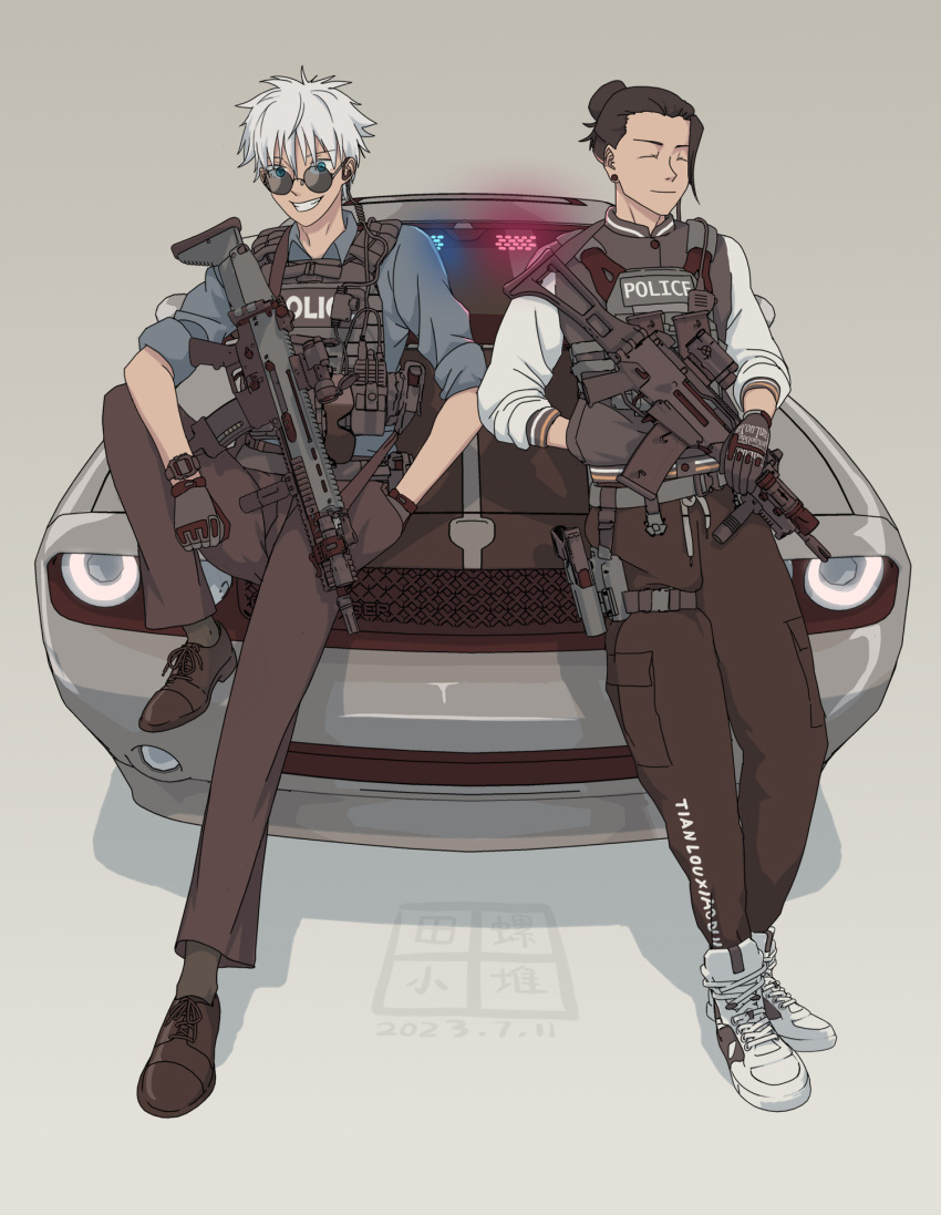 2boys assault_rifle black_pants blue_eyes blue_shirt car collared_shirt commentary_request etmc1992 fn_scar fn_scar_16 foregrip getou_suguru glock gloves gojou_satoru grin gun h&amp;k_g36 h&amp;k_g36c hair_bun hand_in_pocket handgun highres holster jujutsu_kaisen load_bearing_vest male_focus motor_vehicle multiple_boys pants police rifle shirt smile sunglasses tactical_clothes teeth thigh_holster weapon white_hair