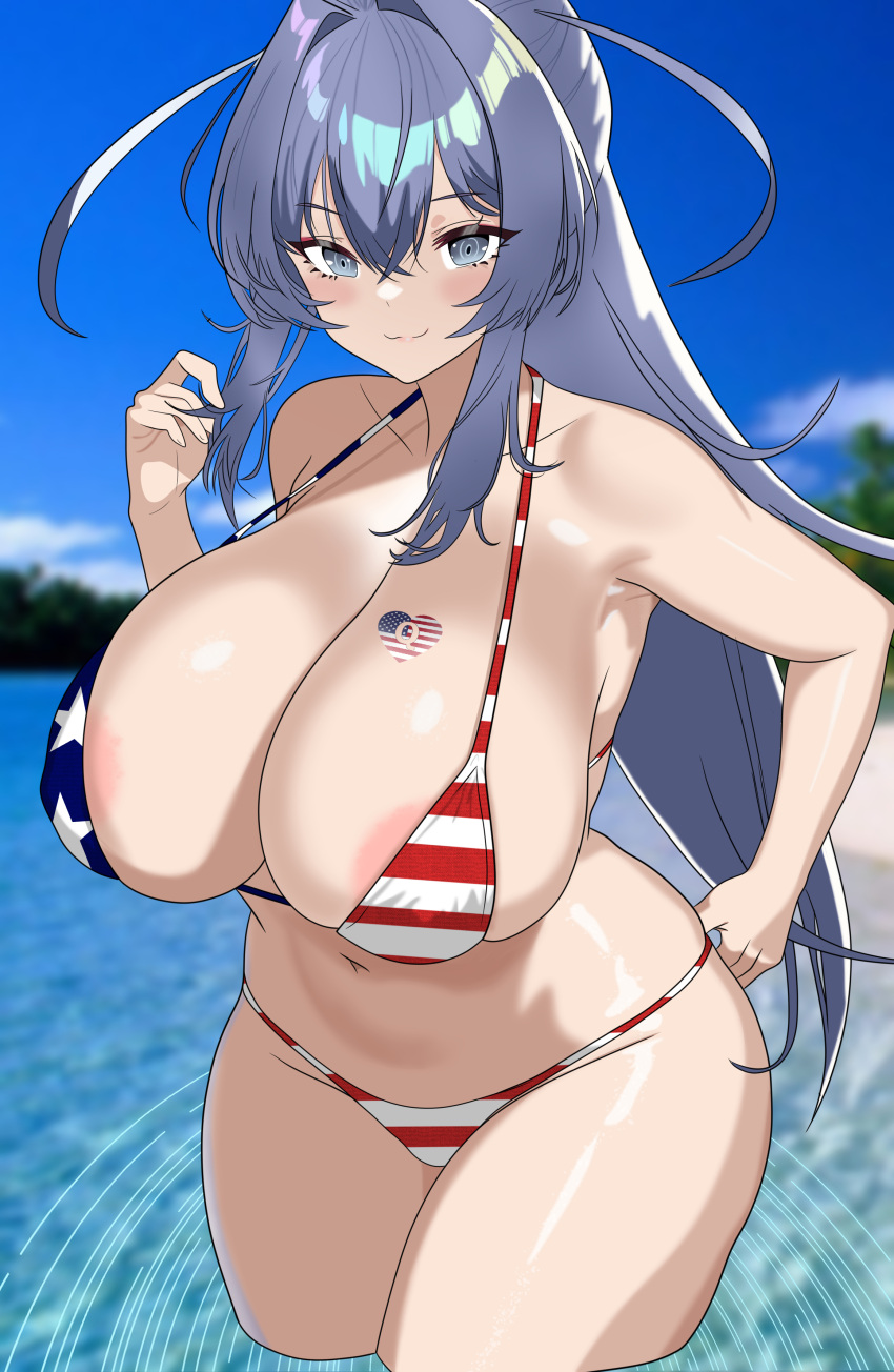 1girl absurdres american_flag american_flag_bikini areola_slip azur_lane bikini blue_eyes blue_hair english_commentary flag_print highres navel new_jersey_(azur_lane) punishedplume qanon swimsuit tattoo third-party_edit