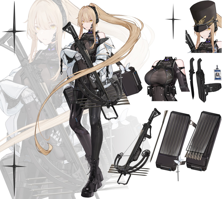 1girl absurdres adapted_costume ammunition_box amphycion armband belt_pouch bianca_(punishing:_gray_raven) black_bodysuit black_footwear black_headwear blonde_hair bodysuit boots breasts center-flap_bangs chest_harness chinese_commentary clothing_cutout combat_boots commentary concept_art covered_navel cross crossbow crossbow_bolt crucifix dagger hair_intakes harness hat highres holding holding_crossbow holding_weapon id_card jacket knife large_breasts long_hair multiple_views off_shoulder pouch punishing:_gray_raven shako_cap sheath sheathed shoulder_cutout sidelocks skin_tight tactical_clothes thigh_strap two-sided_fabric underbust very_long_hair weapon white_jacket yellow_eyes zoom_layer