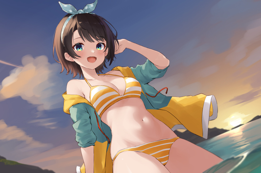 1girl :d absurdres aqua_eyes bikini black_hair blue_sky bow_hairband breasts cleavage cloud commentary_request dot_nose dutch_angle gradient_sky green_jacket hairband highres hololive jacket light_blush looking_at_viewer medium_breasts mountainous_horizon multicolored_clothes multicolored_jacket myonchi navel off_shoulder oozora_subaru open_clothes open_jacket orange_sky outdoors partially_submerged polka_dot_hairband short_hair sky sleeves_pushed_up smile solo stomach striped striped_bikini sunset swimsuit virtual_youtuber water yellow_jacket