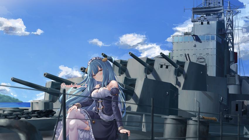1girl absurdres azur_lane bare_shoulders blue_hair blue_sky blunt_bangs breasts clam_shell cleavage cloud commentary_request crossed_legs frilled_headwear highres long_hair looking_at_viewer makihige medium_breasts military_vehicle neptune_(azur_lane) ocean outdoors shell_hair_ornament ship short_twintails sitting sky solo thighhighs turret twintails twitter_username warship water watercraft white_thighhighs world_of_warships yellow_eyes