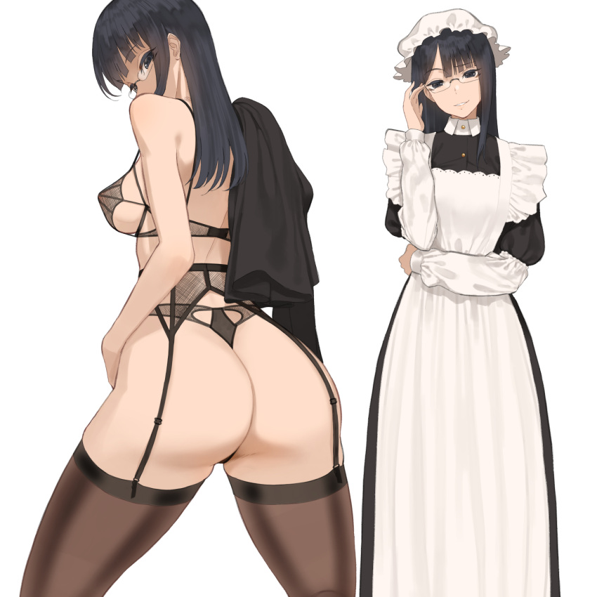 1girl apron ass black_dress black_eyes black_hair breasts collar dress dress_removed fishnet_bra fishnet_panties frilled_apron frills garter_belt glasses hat highres long_hair maid maid_apron medium_breasts mob_cap original rimless_eyewear sidelocks thighhighs throtem white_apron white_background white_collar