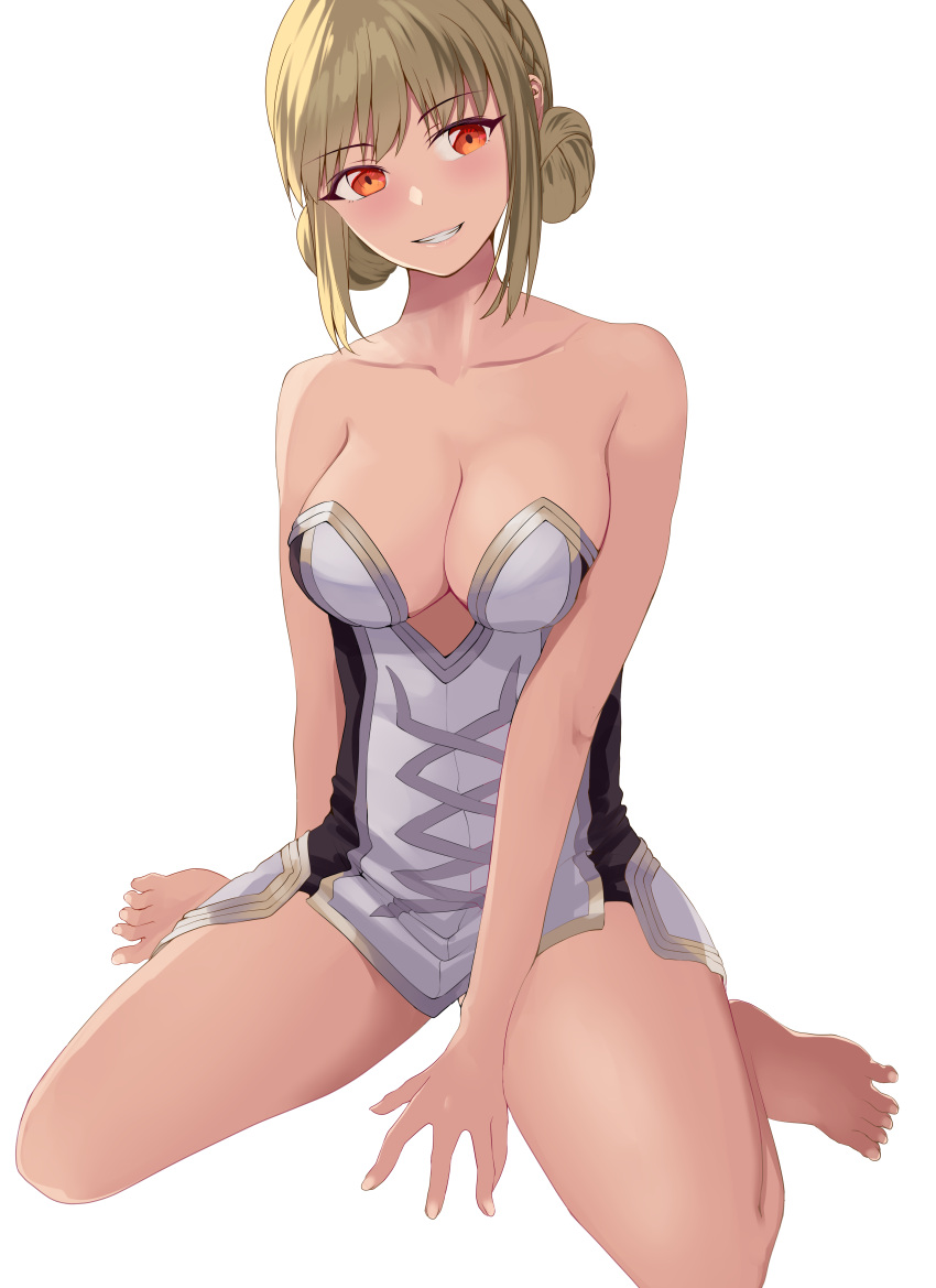 1girl absurdres arm_behind_back bare_arms bare_legs bare_shoulders barefoot between_legs black_dress blonde_hair braid breasts cleavage collarbone commentary crown_braid double_bun dress feet fingernails grin hair_bun hand_between_legs head_tilt high_wizard_(ragnarok_online) highres kathryne_keyron medium_breasts multicolored_eyes orange_eyes ragnarok_online red_eyes sail_(sail-away) short_dress short_hair simple_background sitting smile solo spread_toes strapless strapless_dress teeth thighs toenails toes transparent_background two-tone_dress wariza white_dress
