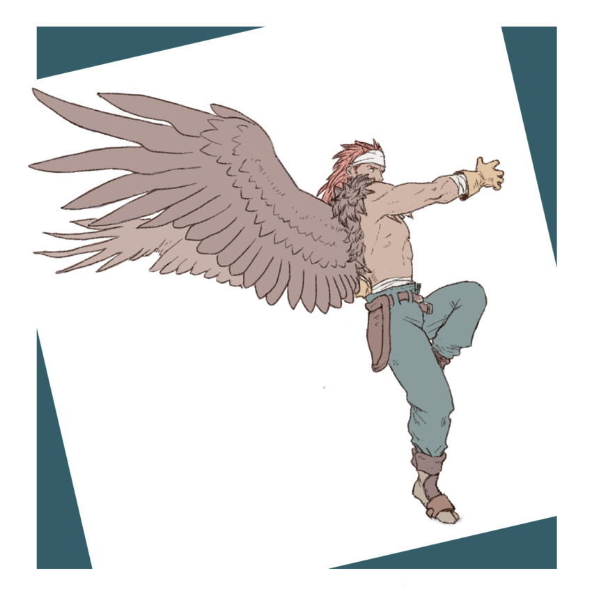 1boy arm_wrap brown_footwear brown_wings canopus_wolph full_body gloves headband long_hair male_focus pants red_hair solo tactics_ogre topless_male white_background white_headband windcaller wings