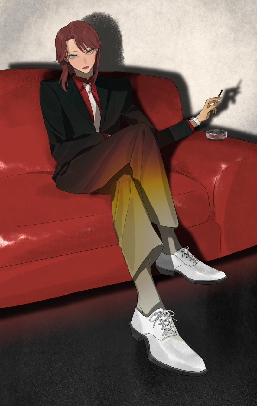 1boy ashtray black_pants cigarette collared_shirt commentary couch crossed_legs full_body gradient_pants grey_eyes grey_socks highres holding holding_cigarette ichijou_seiya kaiji long_hair looking_at_viewer male_focus medium_bangs necktie open_mouth pants parted_bangs red_hair red_pants red_shirt shirt shoes sitting socks solo suit white_footwear white_necktie xt1125cj yellow_pants