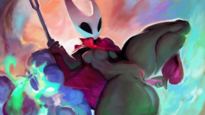 anthro arthropod black_body breasts cape cape_only clothing female genitals hi_res hollow_knight horn hornet_(hollow_knight) insect kheltari mostly_nude nipples non-mammal_breasts non-mammal_nipples one_leg_up pose pussy raised_leg solo team_cherry thick_thighs