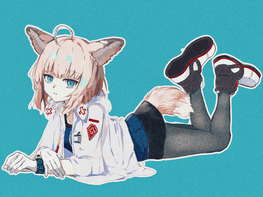 1326496175 1girl ahoge animal_ear_fluff animal_ears arknights black_pantyhose black_skirt blonde_hair blue_background blue_eyes blue_shirt breasts closed_mouth collarbone commentary fox_ears fox_girl fox_tail full_body gloves highres jacket legs_up long_sleeves looking_at_viewer lying on_stomach pantyhose shirt shoe_soles shoes simple_background skirt small_breasts sussurro_(arknights) tail white_footwear white_gloves white_jacket wide_sleeves