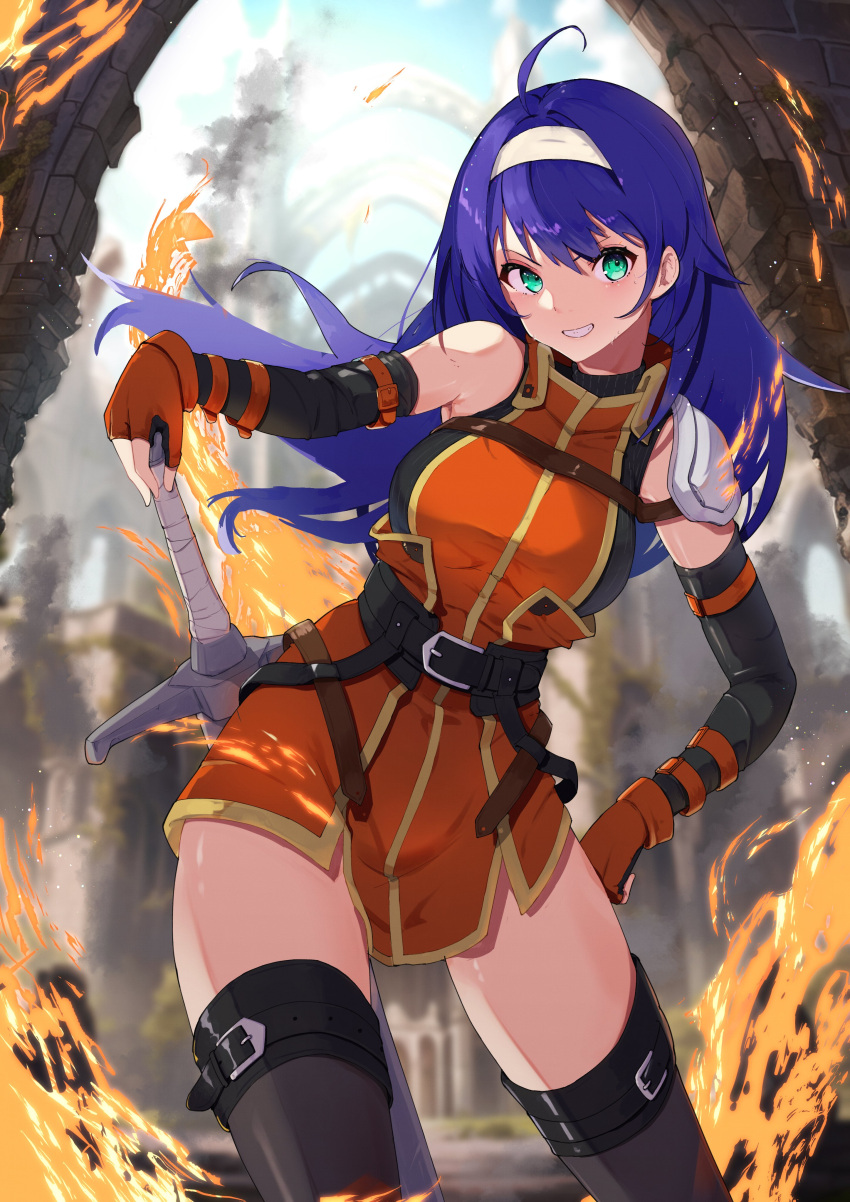 1girl absurdres ahoge bare_shoulders belt blue_hair breasts detached_sleeves fingerless_gloves fire fire_emblem fire_emblem:_path_of_radiance fire_emblem:_radiant_dawn gloves green_eyes grin hairband hand_on_hilt headband highres large_breasts long_hair looking_at_viewer mia_(fire_emblem) murumi orange_gloves sheath sheathed smile solo sword thighhighs weapon white_hairband white_headband zettai_ryouiki