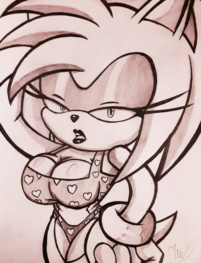 amy_rose anthro bedroom_eyes big_breasts bikini bracelet breasts cleavage clothed clothing eulipotyphlan female grimmtaker hedgehog hi_res jewelry line_art lipstick makeup mammal narrowed_eyes seductive sega solo sonic_the_hedgehog_(series) swimwear