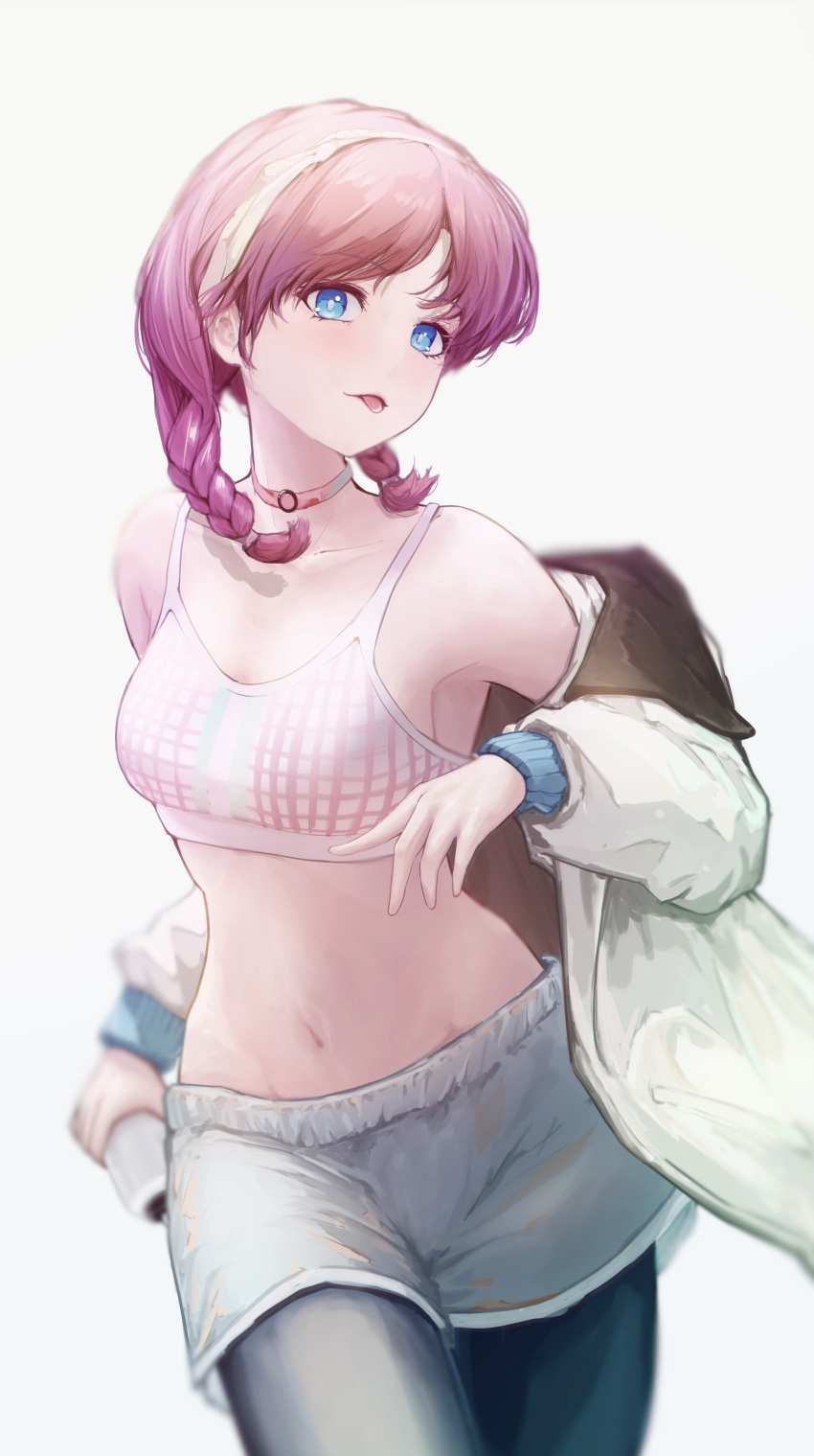 1girl absurdres arknights bare_shoulders blue_eyes blue_pants blue_poison_(arknights) blue_poison_(shoal_beat)_(arknights) blue_shorts breasts choker commentary_request cowboy_shot crop_top grey_background hairband highres jacket leggings long_hair midriff navel off_shoulder official_alternate_costume pants pink_choker pink_hair renkon_logistics short_shorts shorts simple_background small_breasts solo spaghetti_strap sports_bra standing stomach thighs white_jacket