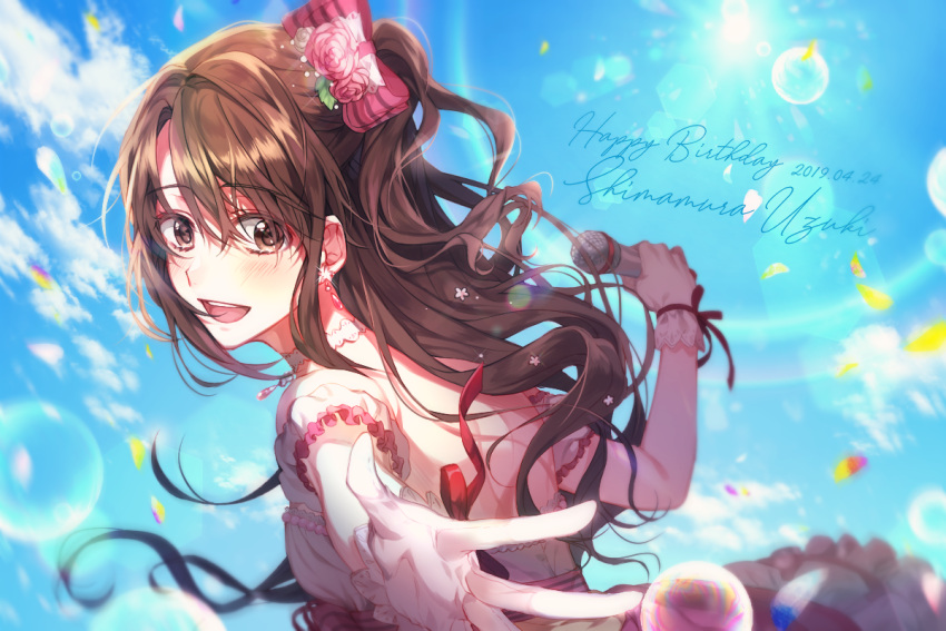 1girl air_bubble backless_dress backless_outfit blue_sky blush brown_hair bubble cloud dress holding holding_microphone idol idolmaster idolmaster_cinderella_girls lens_flare long_hair looking_at_viewer looking_back microphone moro_(from_m0r0) one_side_up reaching reaching_towards_viewer shimamura_uzuki sky smile solo sunlight upper_body very_long_hair wavy_hair