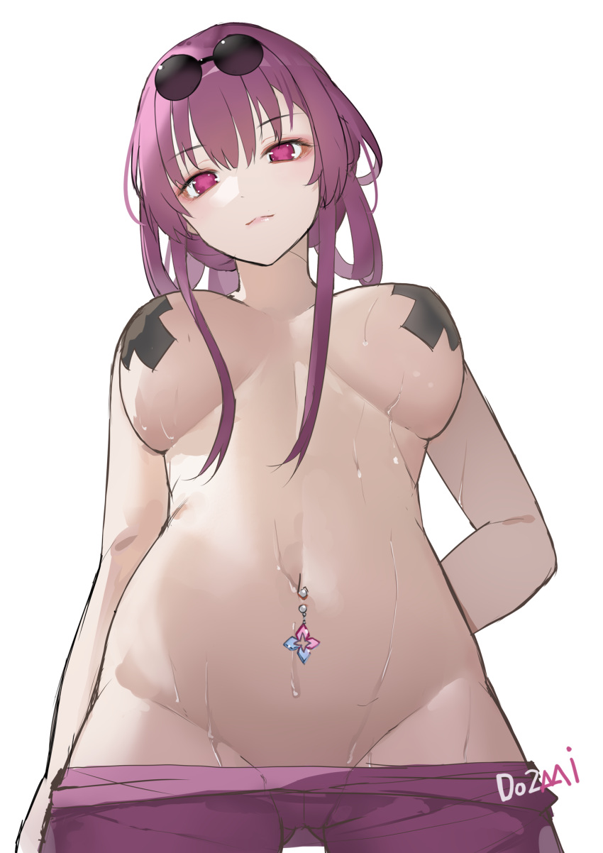 1girl arms_behind_back breasts closed_mouth do2mi_doreimi eyewear_on_head from_below highres honkai:_star_rail honkai_(series) kafka_(honkai:_star_rail) large_breasts long_hair looking_at_viewer looking_down navel navel_piercing pants pasties piercing purple_eyes purple_hair purple_pants red_pants smile solo sunglasses sweat topless