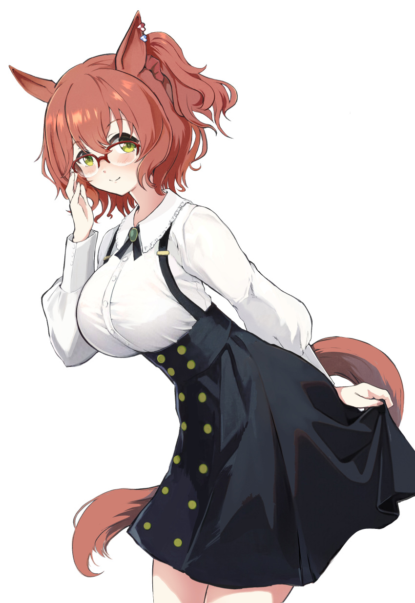 1girl absurdres animal_ears aston_machan_(umamusume) black_skirt breasts brown_hair casual collared_shirt from_side glasses green_eyes highres horse_ears horse_girl horse_tail kokora_(kokorahen) large_breasts long_sleeves looking_at_viewer medium_hair over-rim_eyewear ponytail red-framed_eyewear semi-rimless_eyewear shirt simple_background skirt smile solo suspender_skirt suspenders tail umamusume white_background white_shirt