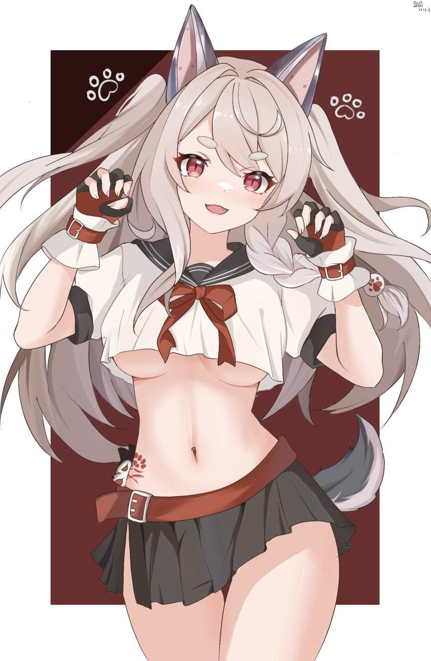 1girl azur_lane belt black_skirt braid breasts claw_pose cowboy_shot crop_top crop_top_overhang dog_tail fang fingerless_gloves gloves grey_hair hands_up highres large_breasts long_hair looking_at_viewer mechanical_ears midriff miniskirt navel neck_ribbon no_bra open_mouth pleated_skirt red_eyes ribbon sailor_collar school_uniform serafuku shirt short_sleeves side_slit skirt slit_pupils smile solo standing stomach tail tattoo thick_eyebrows thighs two_side_up underboob white_shirt wrist_belt yuudachi_(azur_lane) zerosama_(sailuojiang)