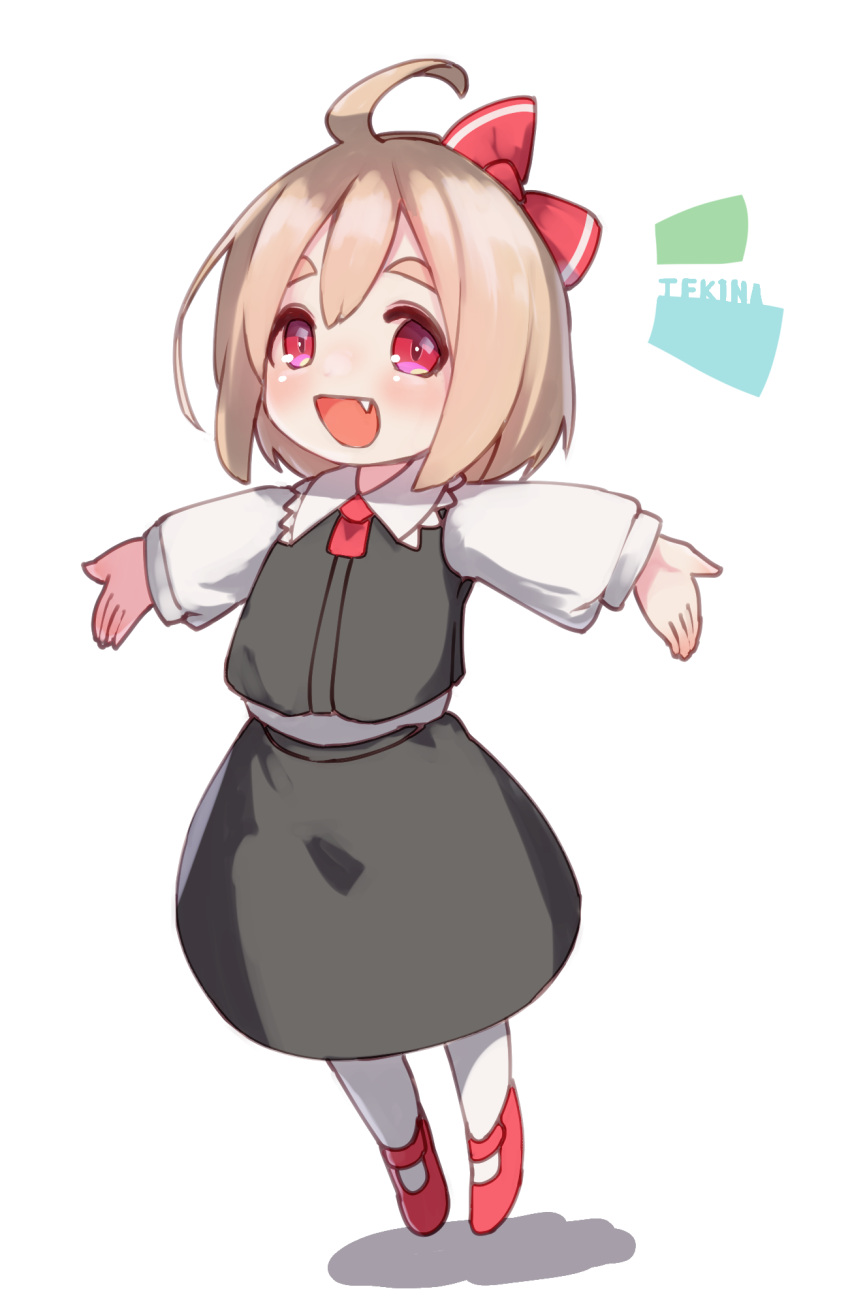 1girl :d ahoge black_skirt black_vest blonde_hair commentary_request fang full_body hair_ribbon highres long_sleeves looking_at_viewer open_mouth outstretched_arms red_eyes red_footwear red_ribbon ribbon rumia shirt short_hair signature skirt smile solo tekina_(chmr) touhou vest white_shirt