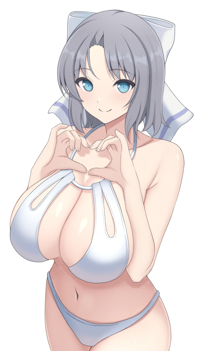 1girl armpit_crease azur_lane bare_arms bare_shoulders bikini blue_eyes bow breasts cleavage closed_mouth commentary_request cowboy_shot grey_hair hair_bow halterneck hands_up heart heart_hands highres large_breasts light_blush looking_at_viewer medium_hair navel official_alternate_costume senran_kagura simple_background smile solo standing stomach surippa1010 swimsuit white_background white_bikini white_bow yumi_(senran_kagura)