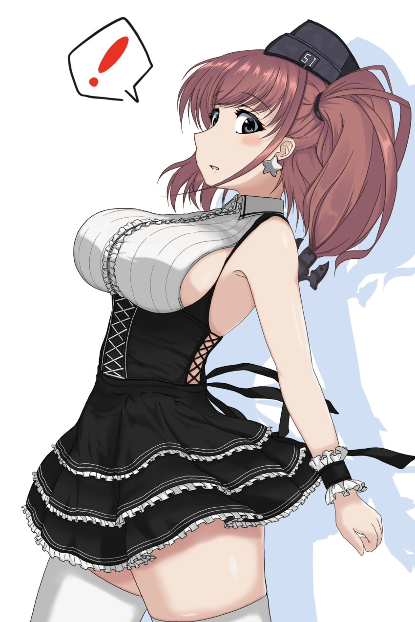 ! anchor_hair_ornament atlanta_(kancolle) black_dress black_headwear breasts brown_hair dress earrings frilled_cuffs frilled_dress frills garrison_cap grey_eyes hair_ornament hat highres jewelry kantai_collection kinakomochi_(testament05) large_breasts leaning_back long_hair shirt sleeveless sleeveless_shirt spoken_exclamation_mark star_(symbol) star_earrings thighhighs two_side_up white_background white_thighhighs wrist_cuffs