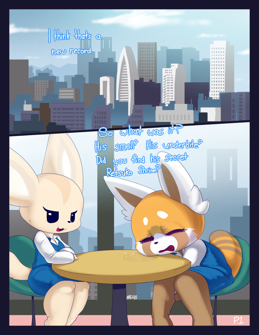 absurd_res aggretsuko ailurid ambiguous_gender anthro bodily_fluids bottomwear canid canine city cityscape clothed clothing comic crying duo english_text female fenneko fox fur furniture hi_res hyena maehdoggie mammal open_mouth red_panda retsuko sanrio sitting skirt table tears text topwear work_uniform