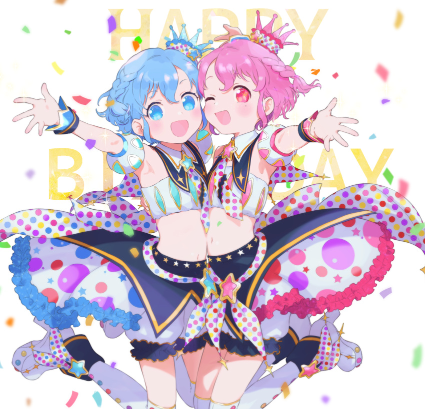 1boy 1girl :d ;d bloomers blue_eyes blue_hair blush braid brother_and_sister commentary_request confetti crop_top crossdressing crown curly_hair dorothy_west frilled_skirt frills hair_between_eyes happy_birthday highres idol_clothes jumping looking_at_viewer machico_maki mole mole_under_eye navel one_eye_closed open_hand open_mouth otoko_no_ko outstretched_arm pink_eyes pink_hair pretty_series pripara reaching reaching_towards_viewer reona_west short_hair siblings side_braid skirt smile star_(symbol) twins white_footwear wrist_cuffs