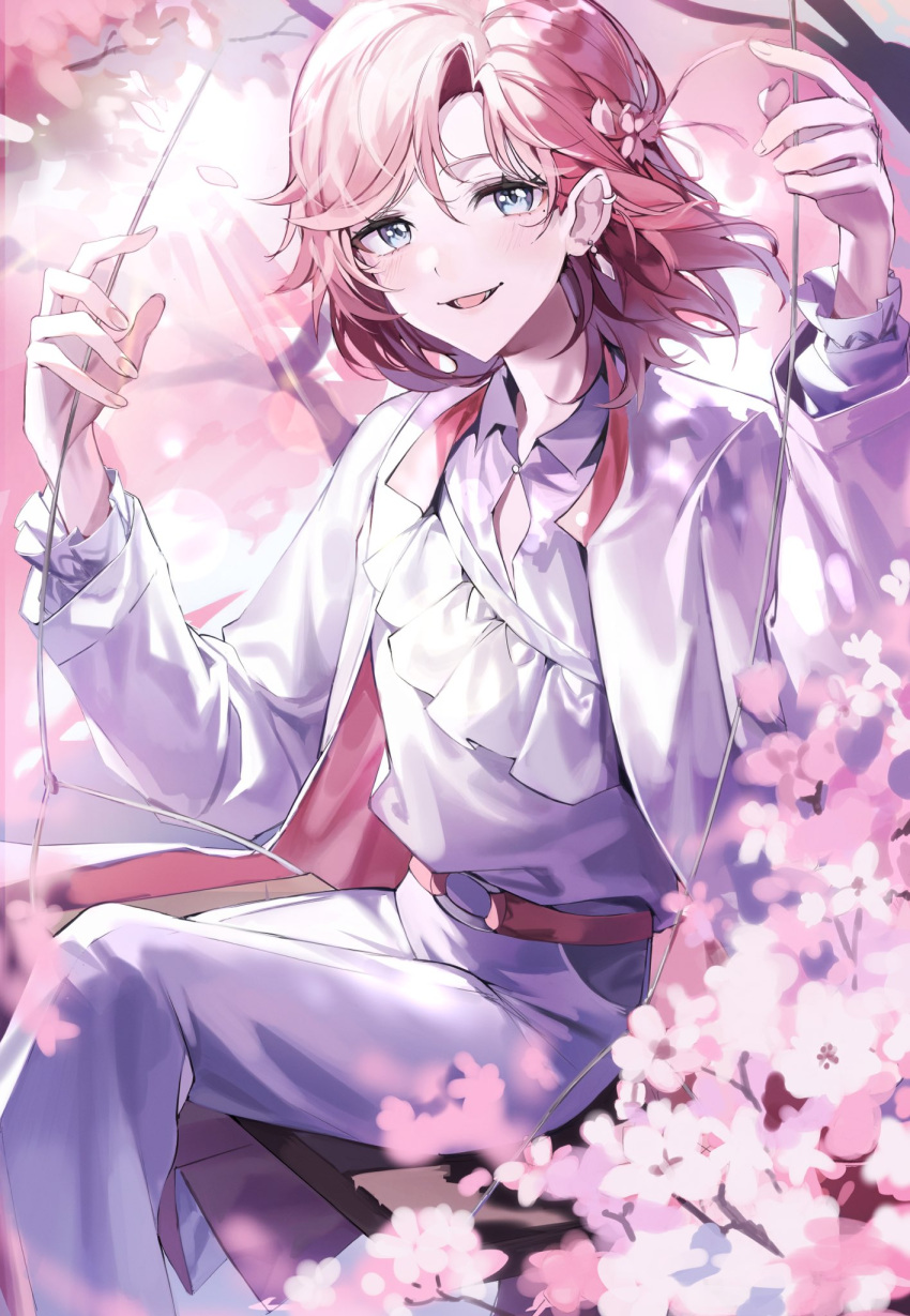 1boy :d alternate_color alternate_hair_color belt blue_eyes button_gap cherry_blossoms coat collared_shirt ear_piercing earrings feet_out_of_frame flower frilled_shirt frilled_sleeves frills hair_behind_ear hair_between_eyes hair_flower hair_ornament hands_up highres jewelry kanae_(nijisanji) light_rays long_sleeves looking_at_viewer male_focus medium_hair mellowone mole mole_under_eye nijisanji o-ring o-ring_belt official_alternate_costume open_clothes open_coat pants piercing pink_belt pink_flower pink_hair pink_theme shirt sitting smile solo sunlight swept_bangs swing tree two-sided_coat two-sided_fabric virtual_youtuber white_coat white_hair white_pants