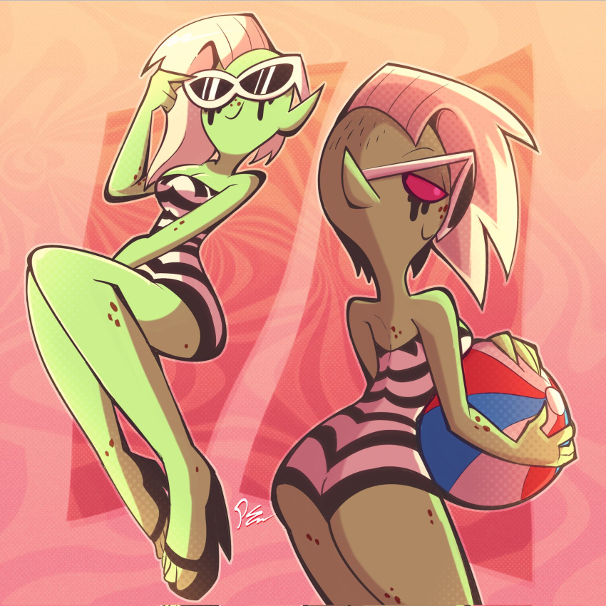 alien alien_humanoid ball beach_ball breasts butt cleavage clothed clothing eyewear feet female footwear green_body green_skin hair hi_res high_heels humanoid humanoid_pointy_ears inflatable long_hair lord_dominator noseless not_furry one-piece_swimsuit pest0sauce pink_sclera signature smile solo sunglasses swimwear toes wander_over_yonder white_hair