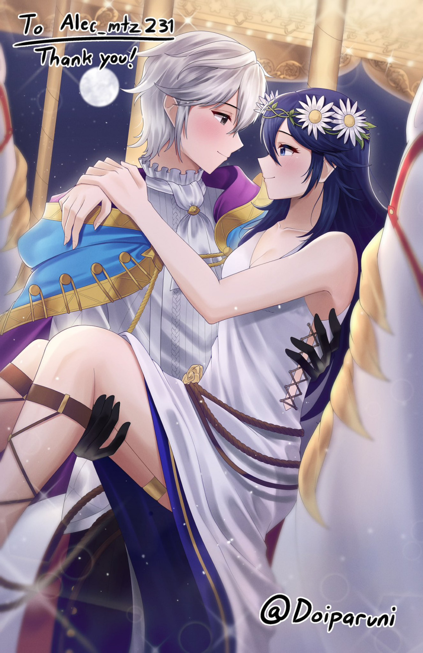 1boy 1girl artist_name blue_eyes blue_hair breasts carrying cleavage doiparuni dress fire_emblem fire_emblem_awakening fire_emblem_heroes highres long_hair looking_at_another lucina_(fire_emblem) lucina_(valentine)_(fire_emblem) medium_breasts moon official_art princess_carry robin_(fire_emblem) robin_(male)_(exalt's_deliverer)_(fire_emblem) smile thank_you white_dress white_hair
