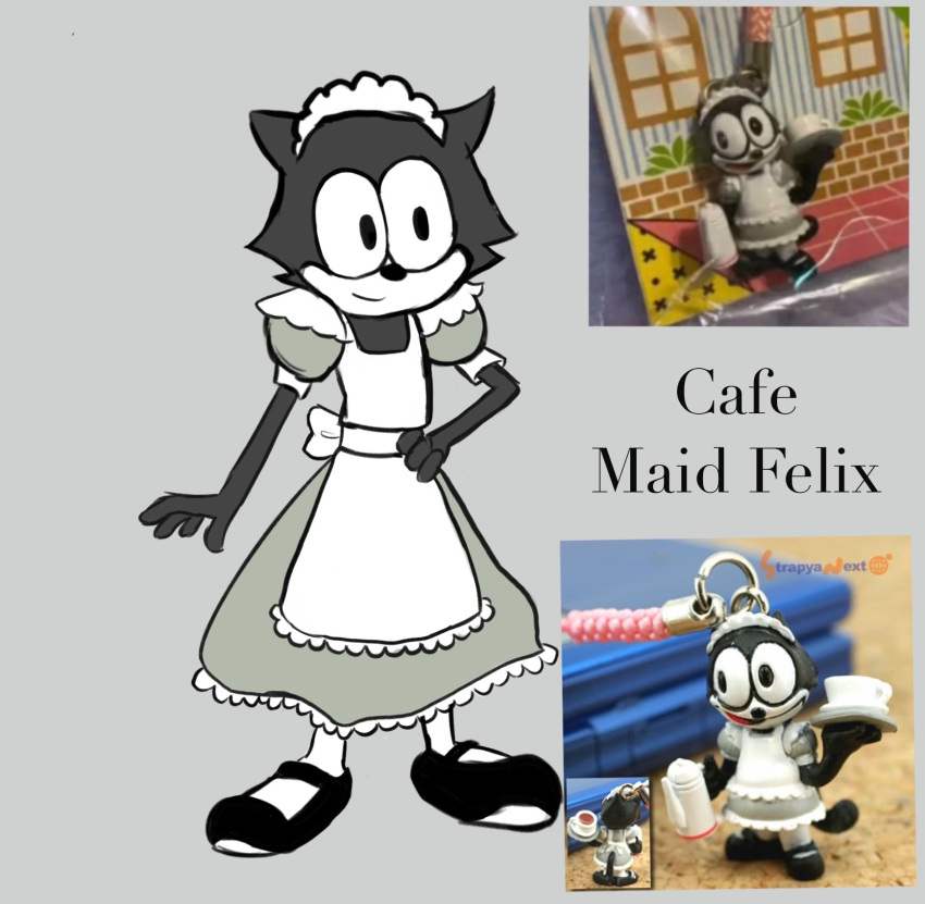 anthro black_body black_fur bow_ribbon clothed clothing crossdressing domestic_cat felid feline felis felix_the_cat felix_the_cat_(series) fur happy hi_res maid_apron maid_headdress maid_uniform male mammal negafelix puffy_sleeves solo uniform walking