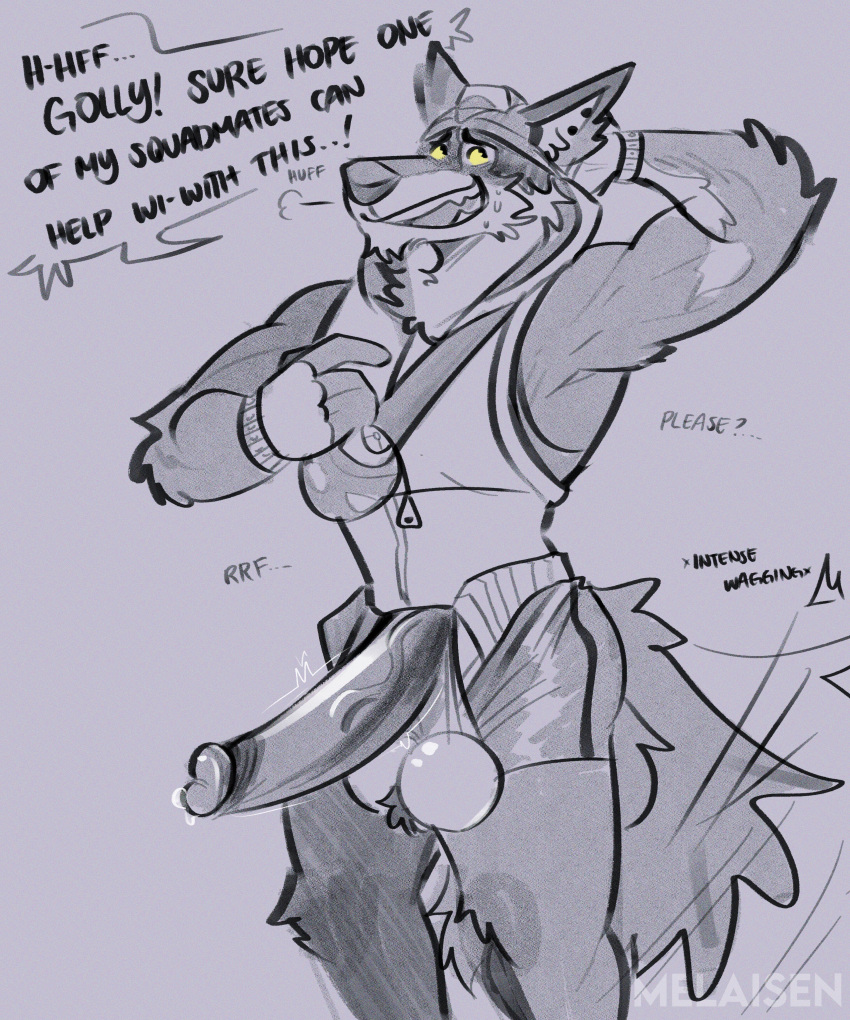 2023 absurd_res anthro athletic athletic_anthro athletic_male ball_tuft balls big_balls big_penis biped bodily_fluids bottomwear breath canid canine canis clothing dialogue digital_media_(artwork) ear_piercing english_text epic_games erection eyebrows fingerless_gloves foreskin fortnite fur furgonomic_headwear furgonomics genital_fluids genitals gloves grey_background handwear hat headgear headwear hi_res humanoid_genitalia humanoid_penis long_penis male mammal melaisen open_mouth open_smile penis piercing precum retracted_foreskin saggy_balls shorts simple_background smile solo speech_bubble standing tail tail_motion tailwag teeth text topwear tuft vein veiny_penis vest wendell_(fortnite) wolf